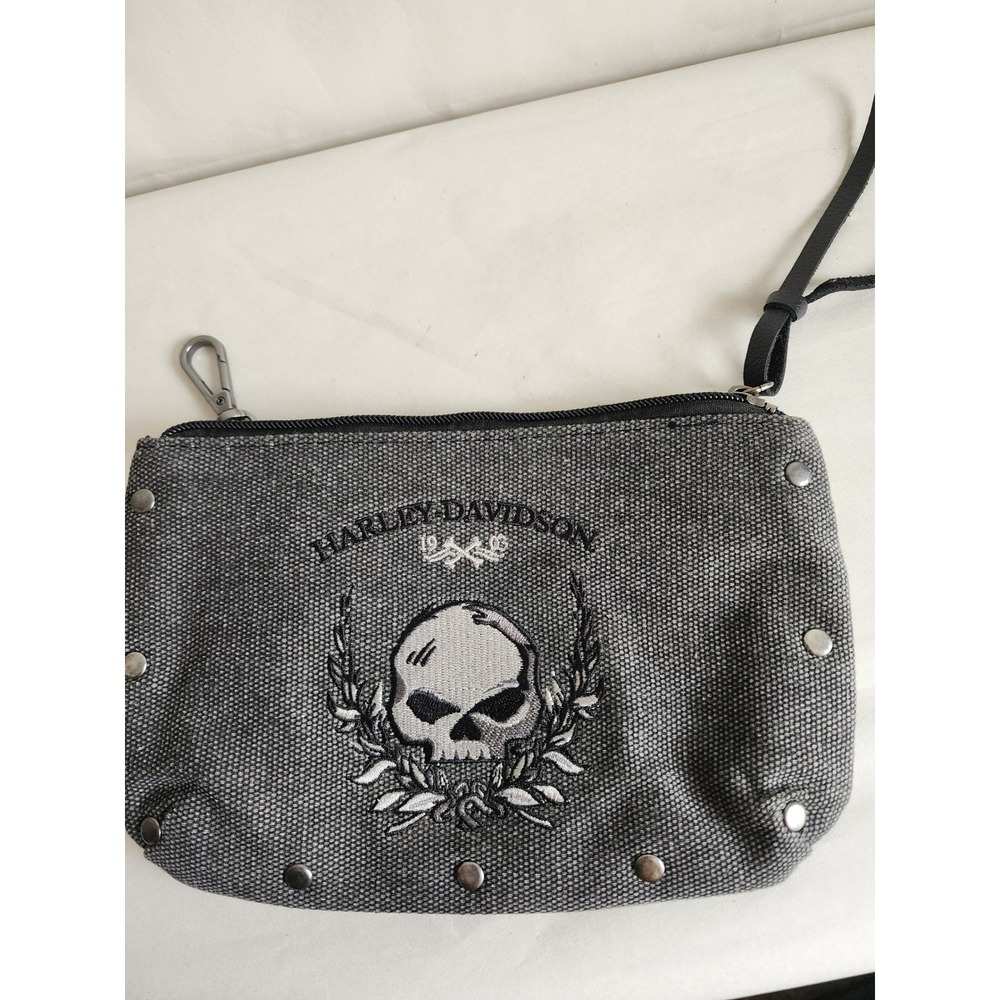 Harley-Davidson Willie G Skull Canvas Pouch Bag Gray Black Embroidered Studded